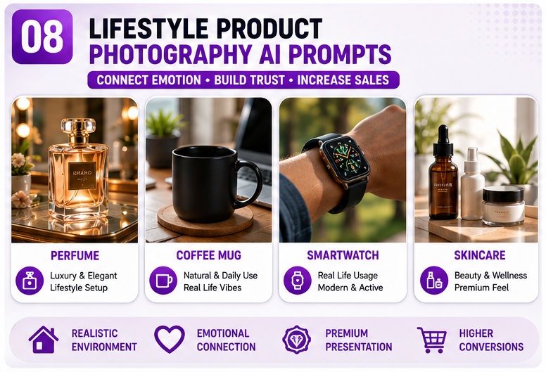 Lifestyle product photography AI prompts for creating premium commercial product images