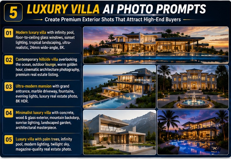 Luxury villa AI photo prompts for creating premium mansion and luxury home marketing images
