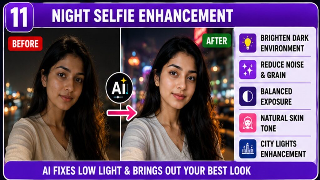 AI Selfie Enhancement Prompts for fixing low light and night selfies