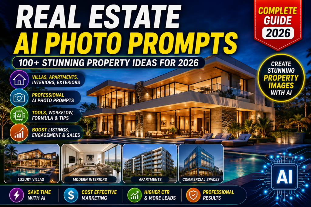 Real Estate AI Photo Prompts featured image showing a luxury modern villa, apartments, commercial property, and AI-powered property photography for professional real estate marketing.