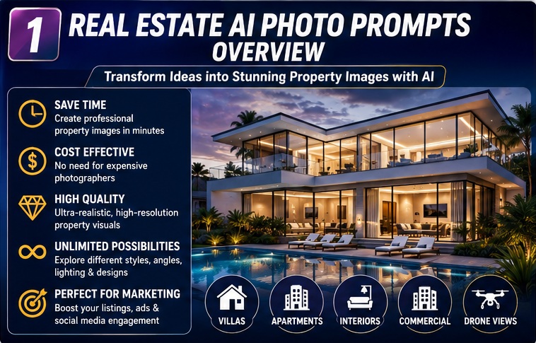Real Estate AI Photo Prompts overview showing AI-generated property photography workflow for houses, villas, apartments, and commercial buildings