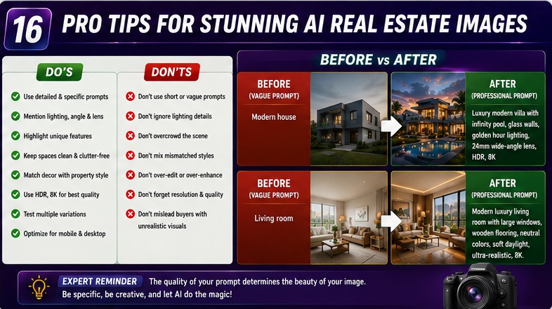 Pro tips for creating high-quality AI real estate photos with better prompts, lighting, and composition