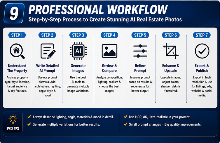 Professional AI real estate photography workflow from prompt creation to final marketing images