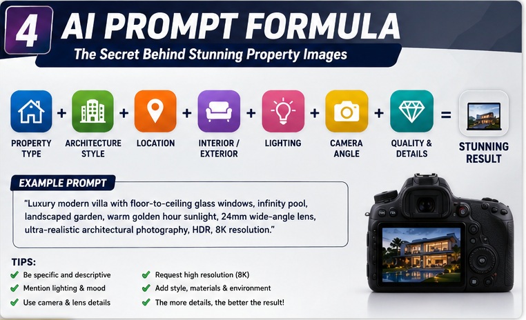 Universal Real Estate AI Prompt Formula for generating realistic property images with AI