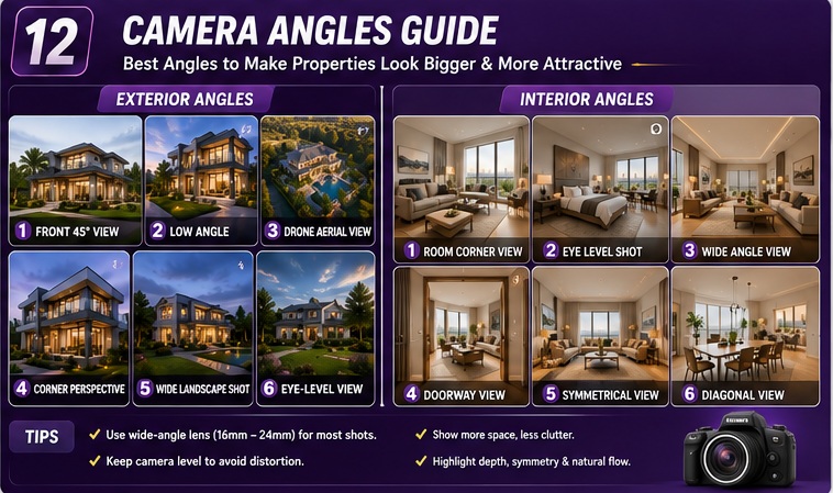 Best camera angles for AI real estate photography including wide-angle, drone, and interior perspectives