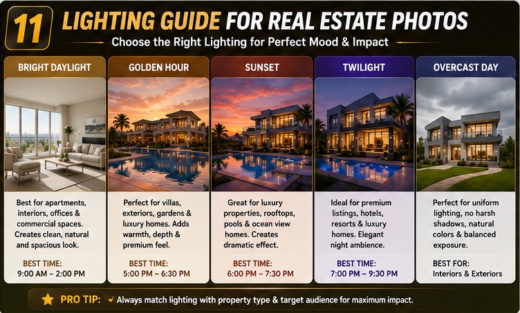 Real estate photography lighting guide showing daylight, golden hour, sunset, and twilight lighting techniques