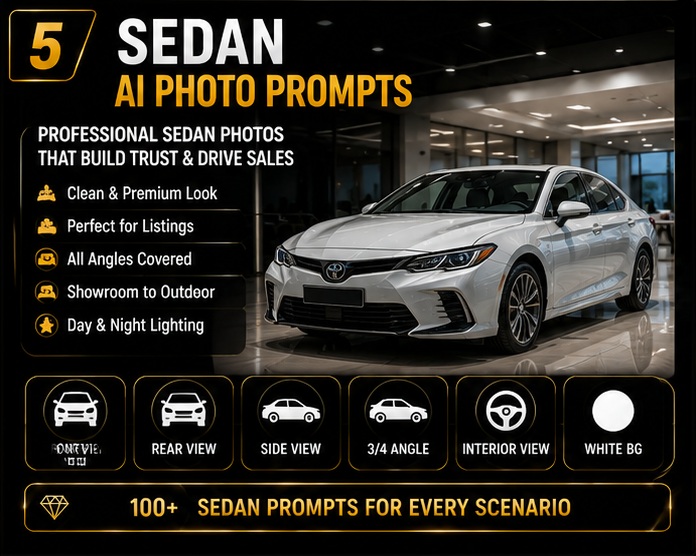 Sedan AI Photo Prompts for creating premium dealership quality sedan photography