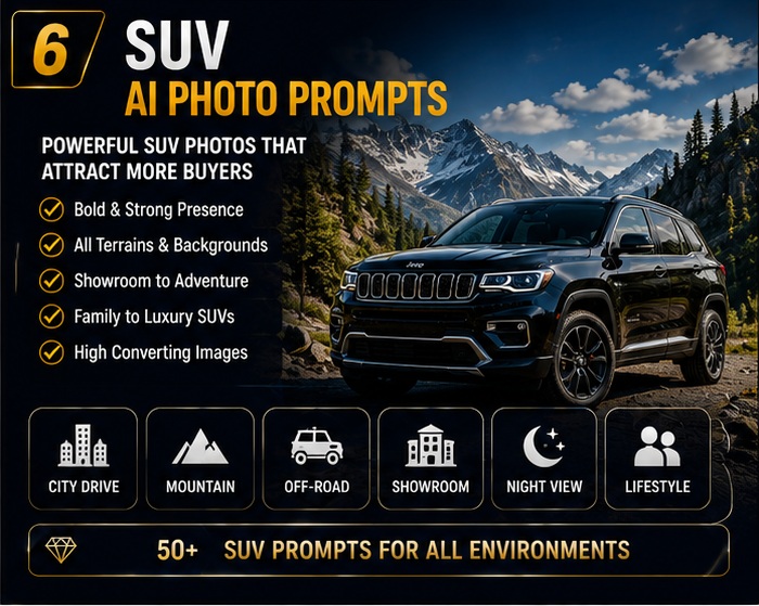 SUV AI Photo Prompts for realistic luxury SUV dealership photography
