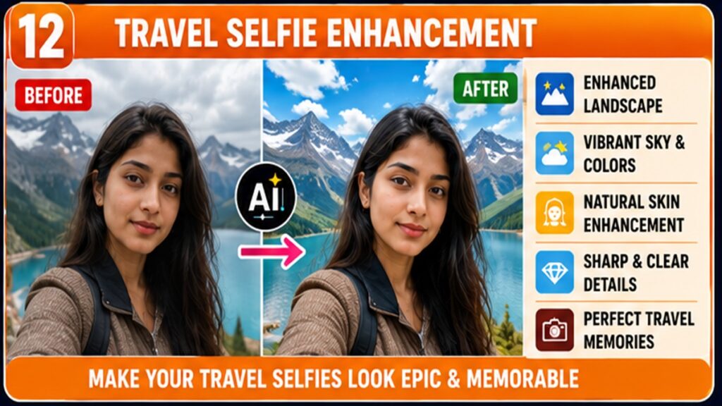 AI Selfie Enhancement Prompts for enhancing travel selfies with realistic backgrounds