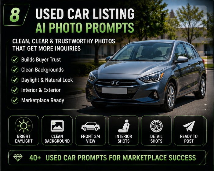 Used Car Listing AI Photo Prompts for marketplace ready vehicle photos