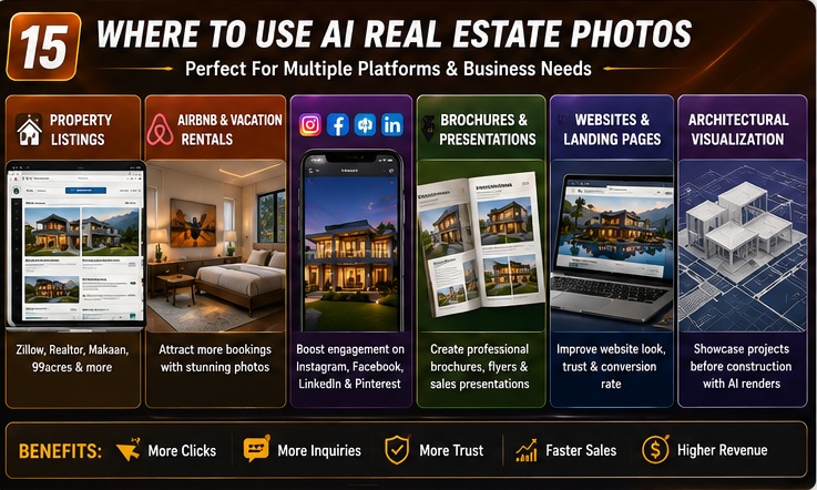Business uses of AI-generated real estate photos for listings, Airbnb, brochures, social media, and websites