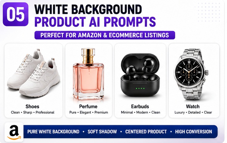 White background E-Commerce Product Photo AI Prompts for Amazon and marketplace product listings