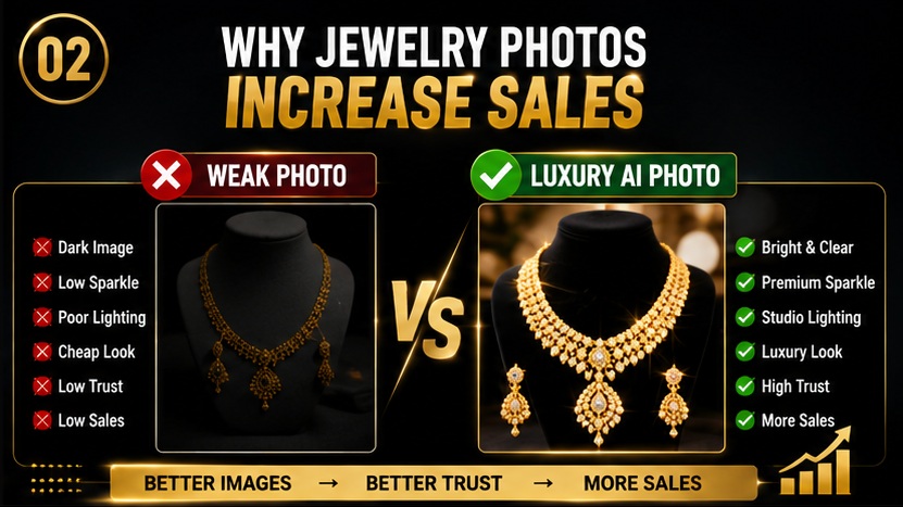Comparison of weak vs luxury jewelry product photography showing how premium images increase sales and customer trust